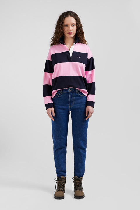Relaxed navy and pink striped long-sleeved cotton rugby shirt - Image 1