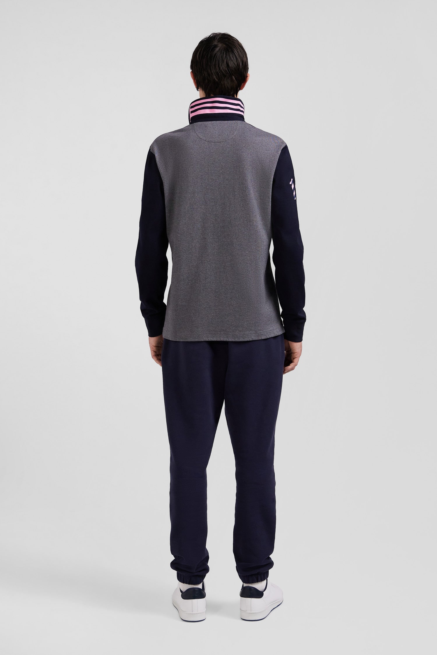 Regular navy long-sleeved cotton rugby shirt with sleeve N°10 embroidery