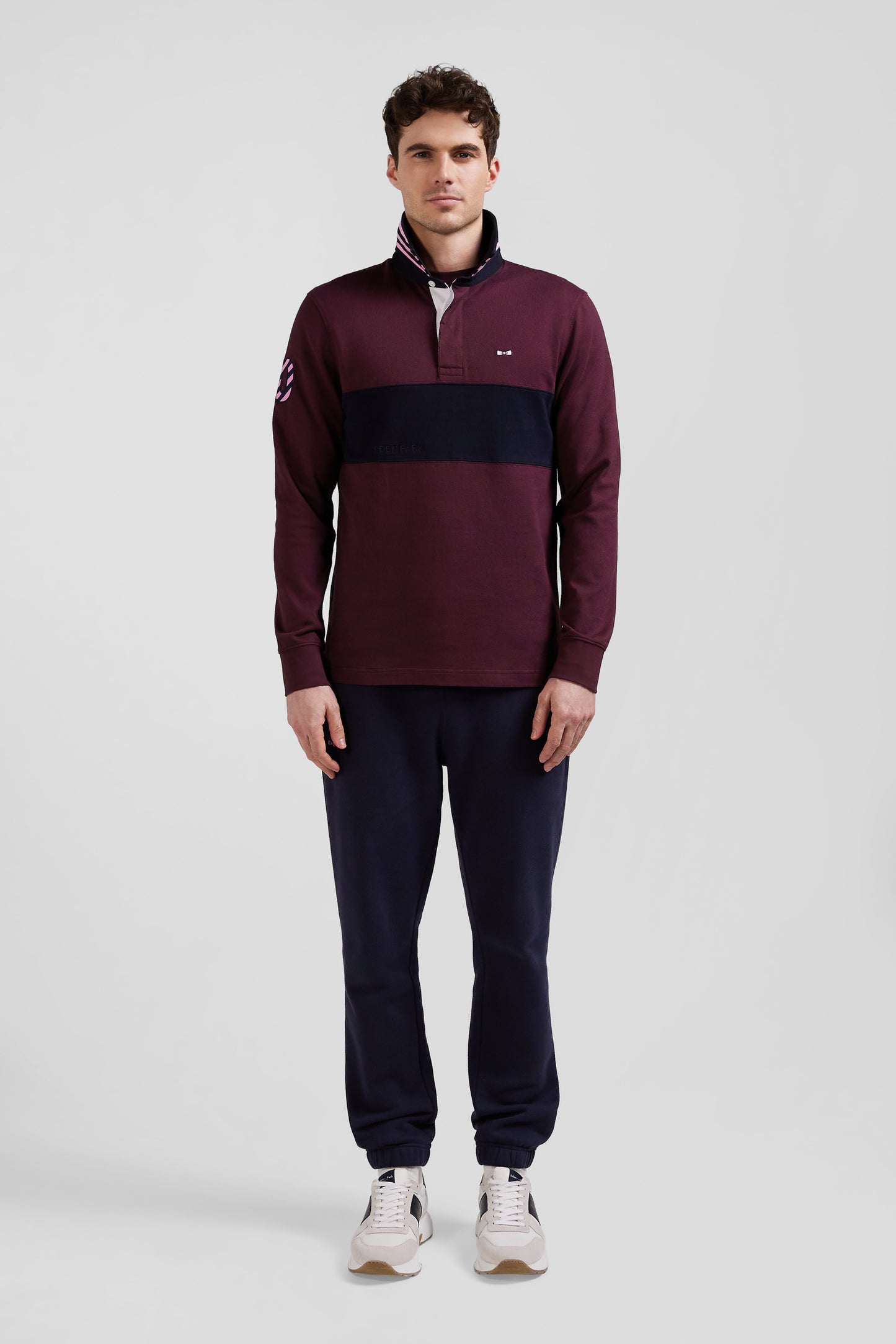 Regular burgundy long-sleeved cotton rugby shirt with sleeve N°10 embroidery