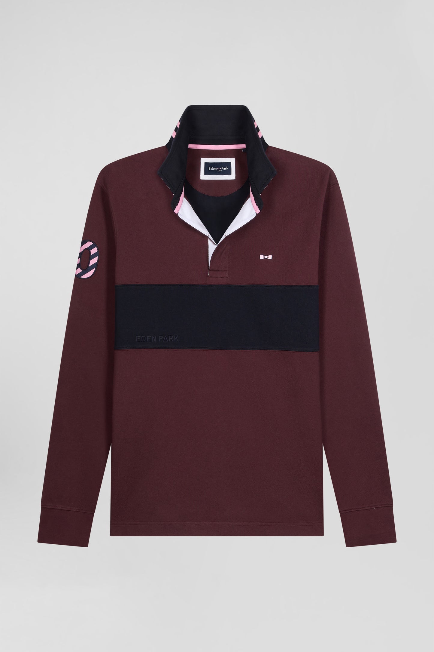 Regular burgundy long-sleeved cotton rugby shirt with sleeve N°10 embroidery