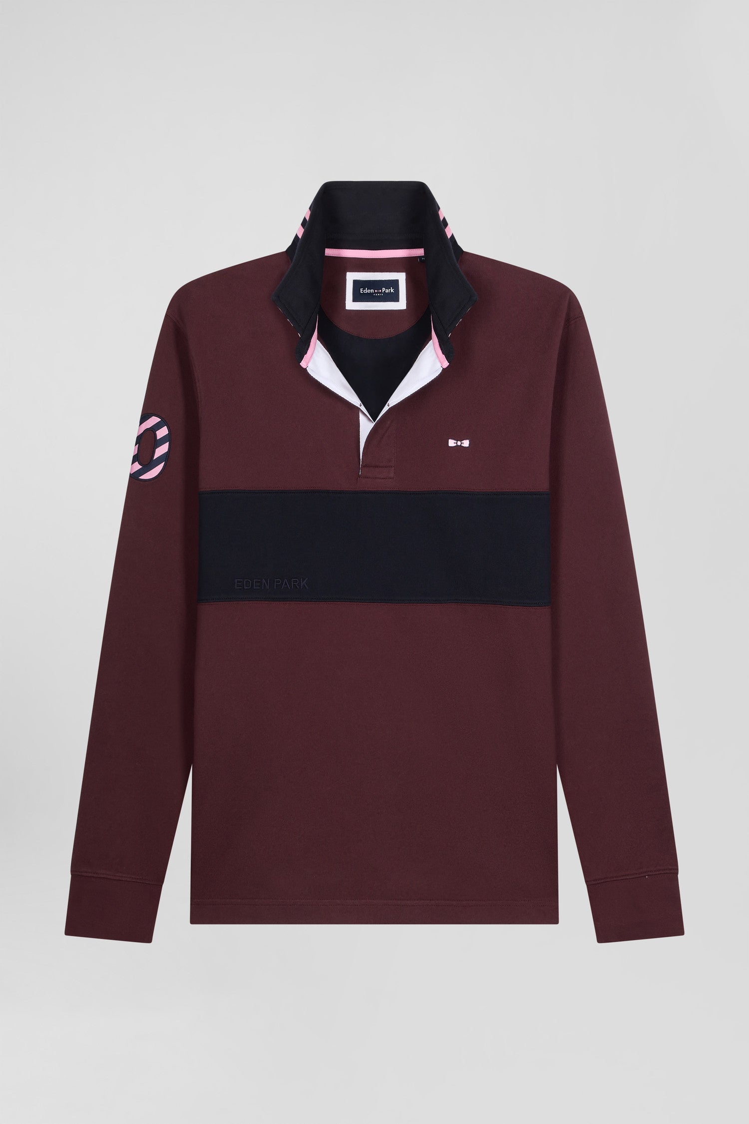 Regular burgundy long-sleeved cotton rugby shirt with sleeve N°10 embroidery