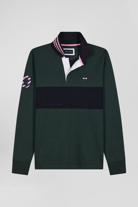 Regular green long-sleeved cotton rugby shirt with sleeve N°10 embroidery - Image 2