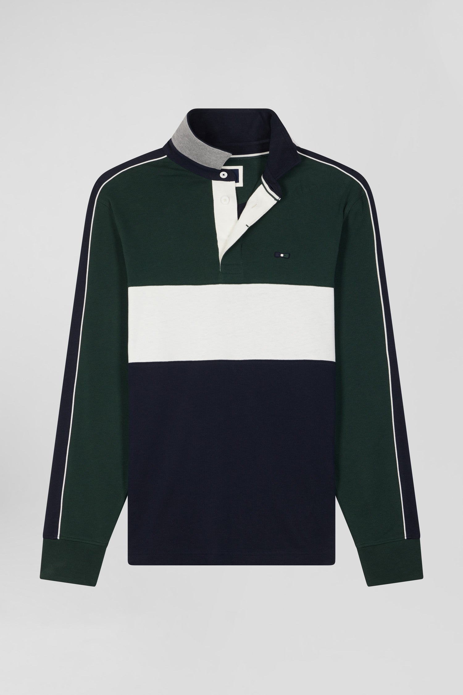 Regular green and navy blue colorblock long-sleeved cotton rugby shirt