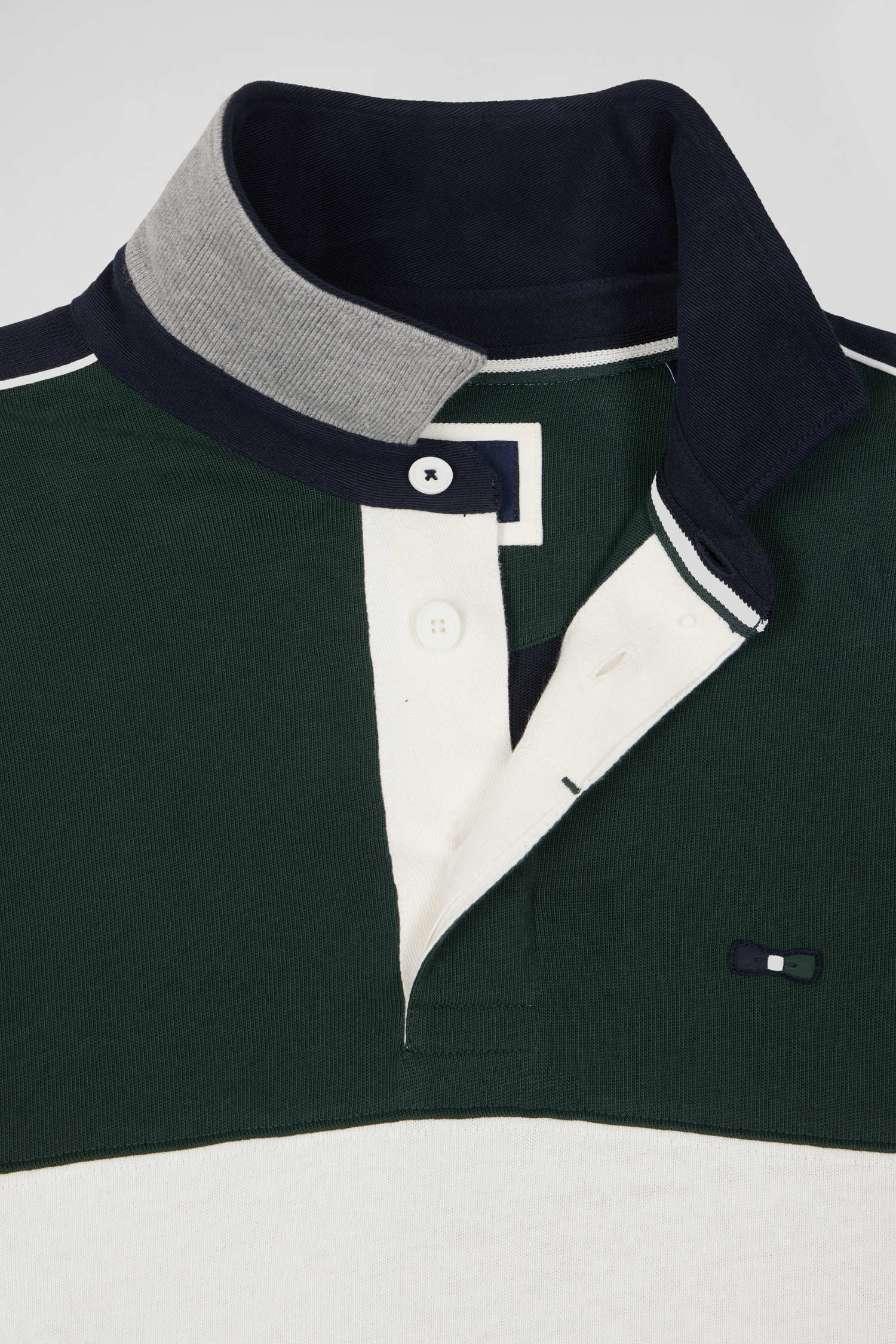 Regular green and navy blue colorblock long-sleeved cotton rugby shirt