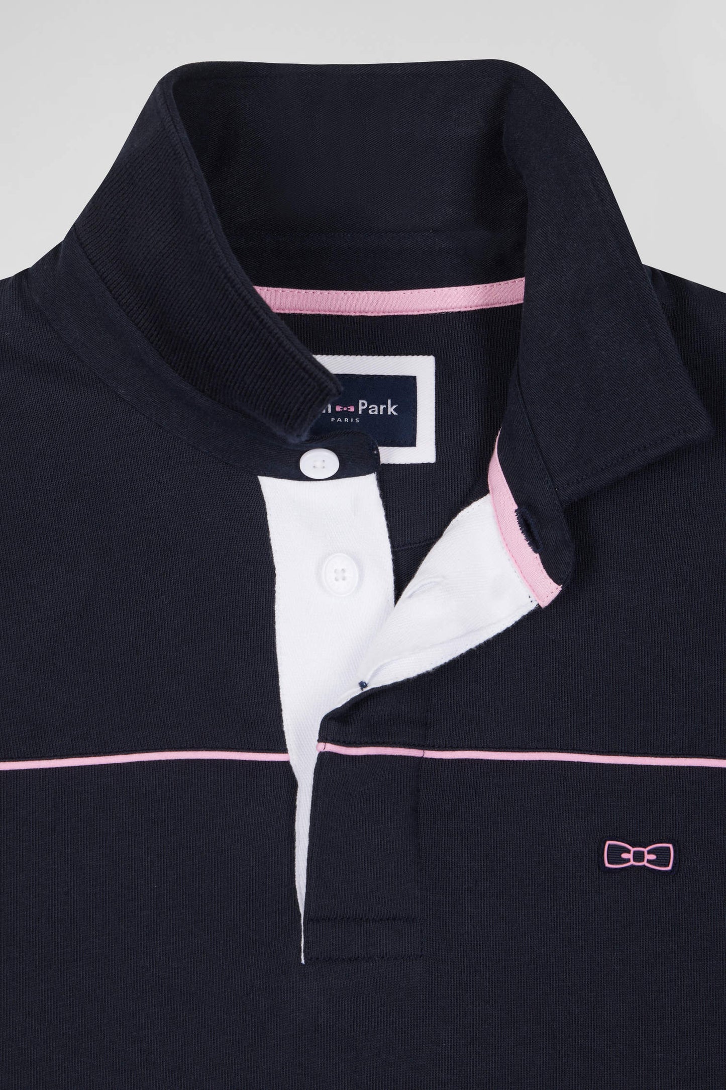 Regular navy long-sleeved cotton rugby shirt with pink piping and Eden Park embroidery