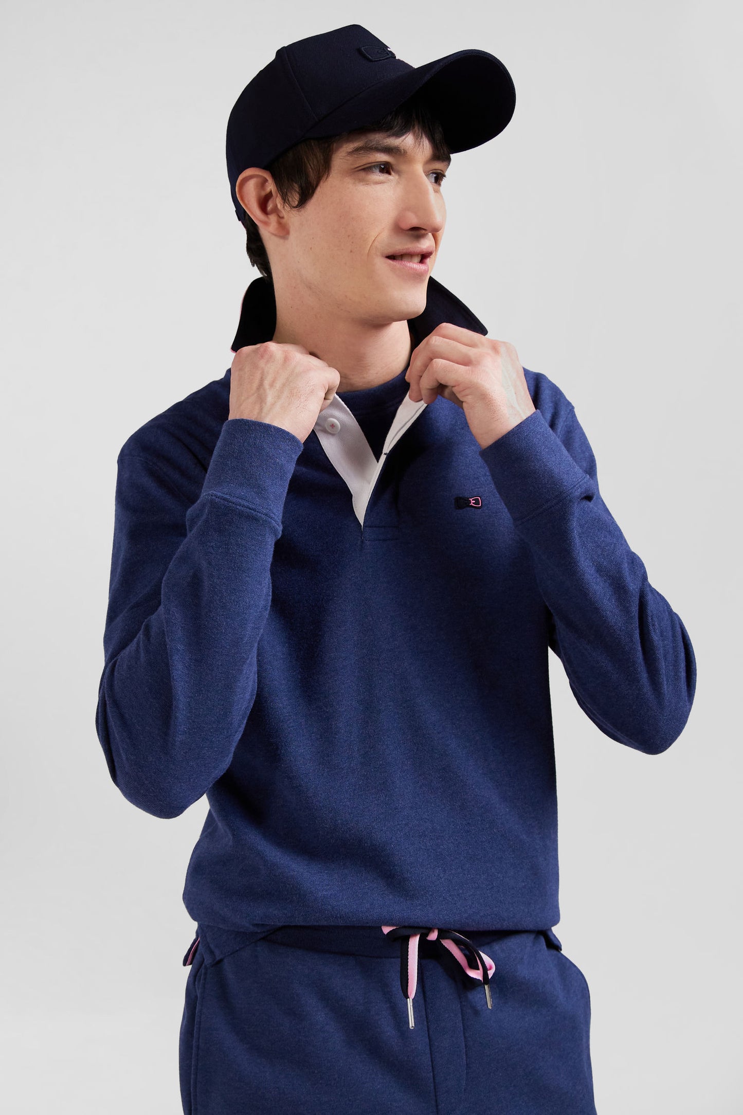 Regular navy long-sleeved cotton rugby shirt with bow tie details