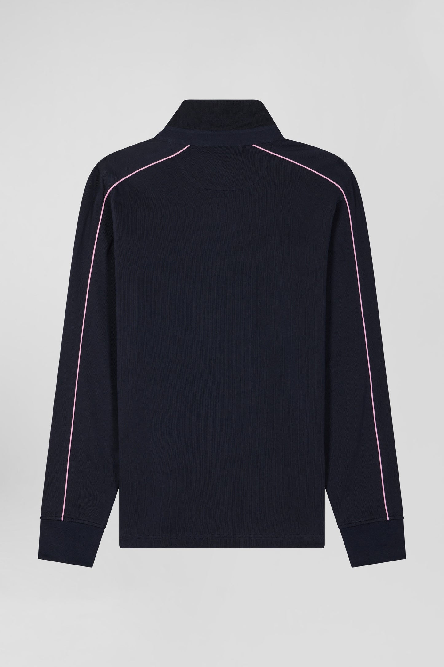 Regular navy blue long-sleeved cotton rugby shirt with pink piping