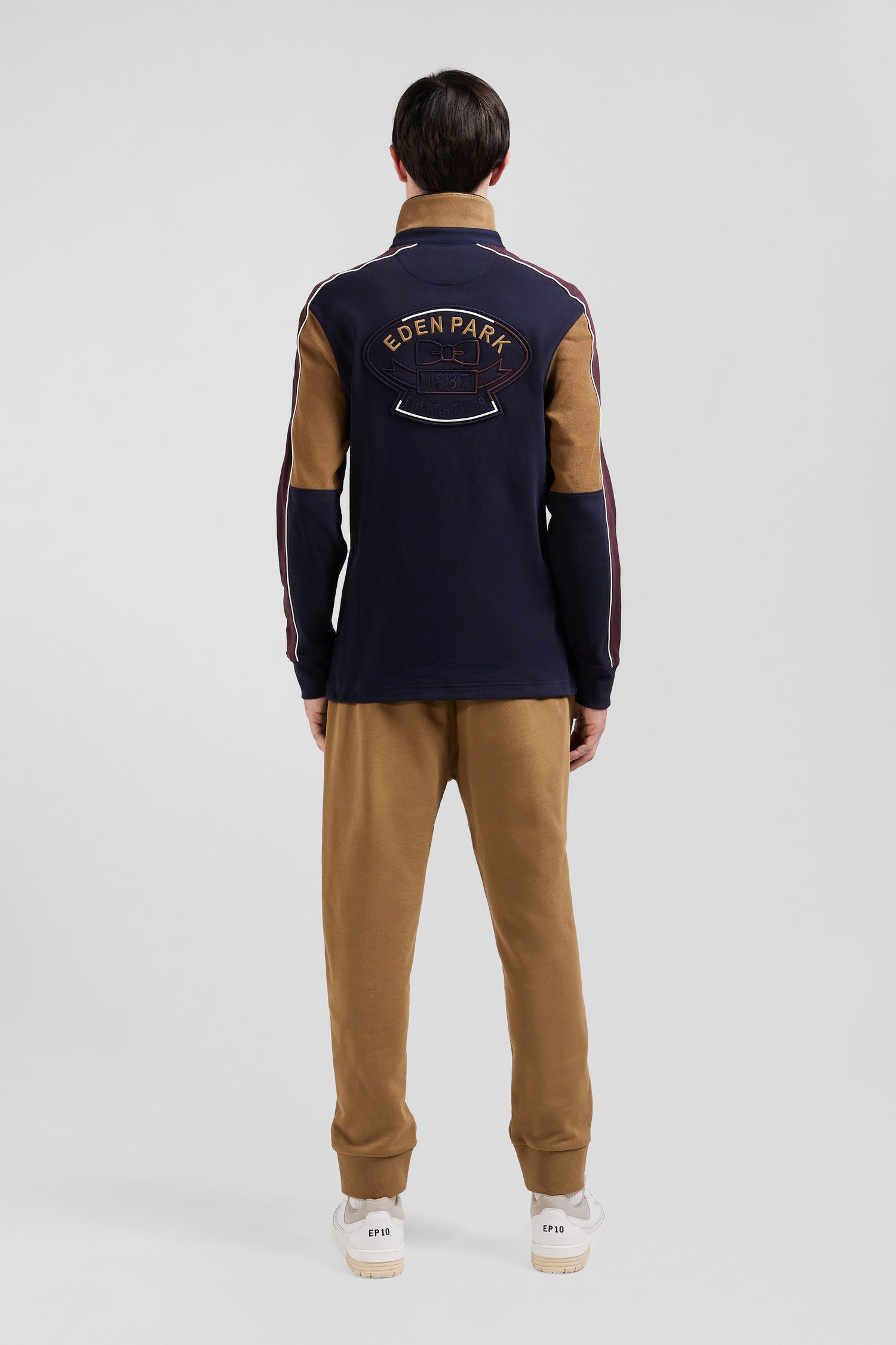 Regular camel long-sleeved cotton rugby shirt with back embroidery and piping