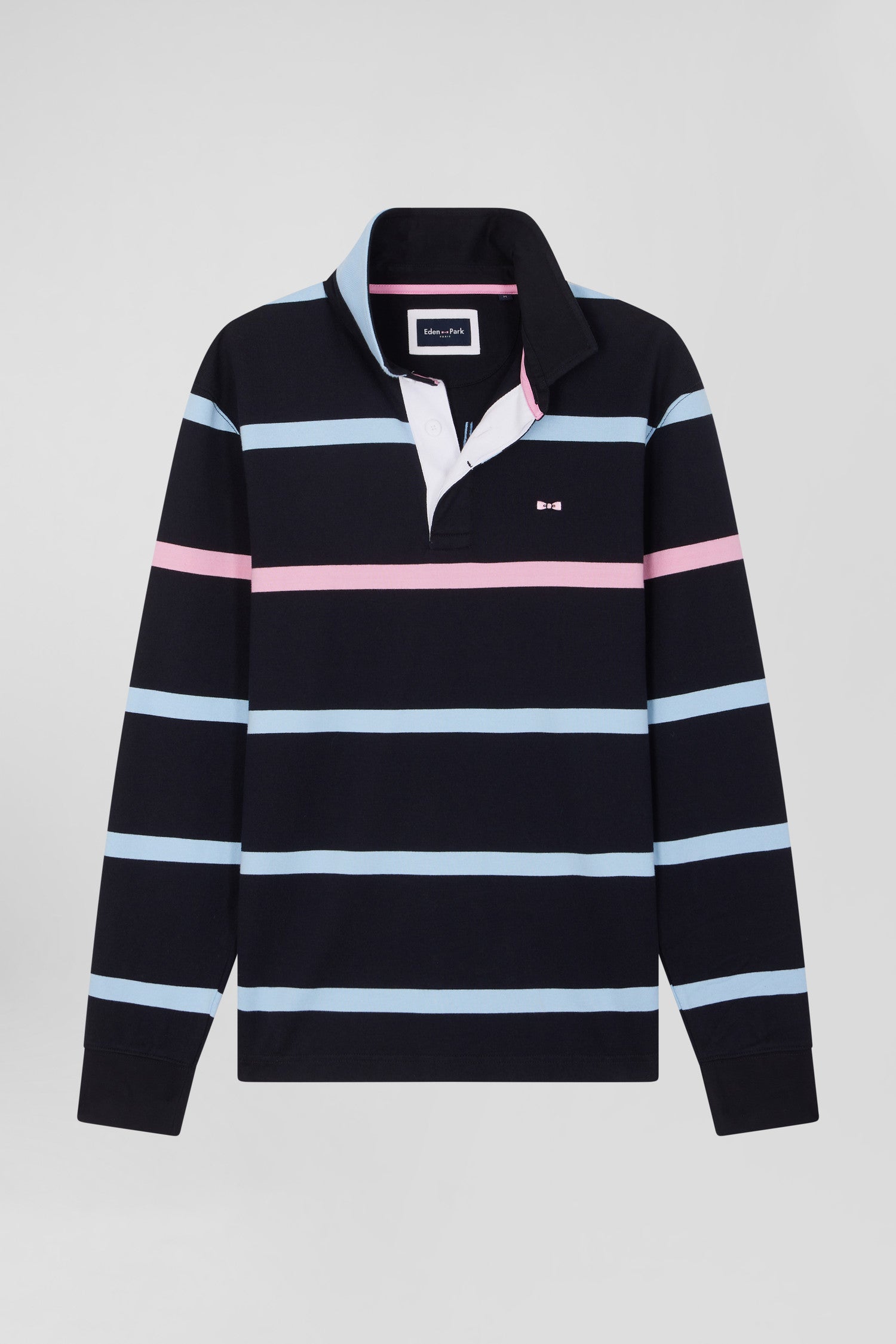 Regular navy and sky blue striped long-sleeved cotton rugby shirt with back embroidery