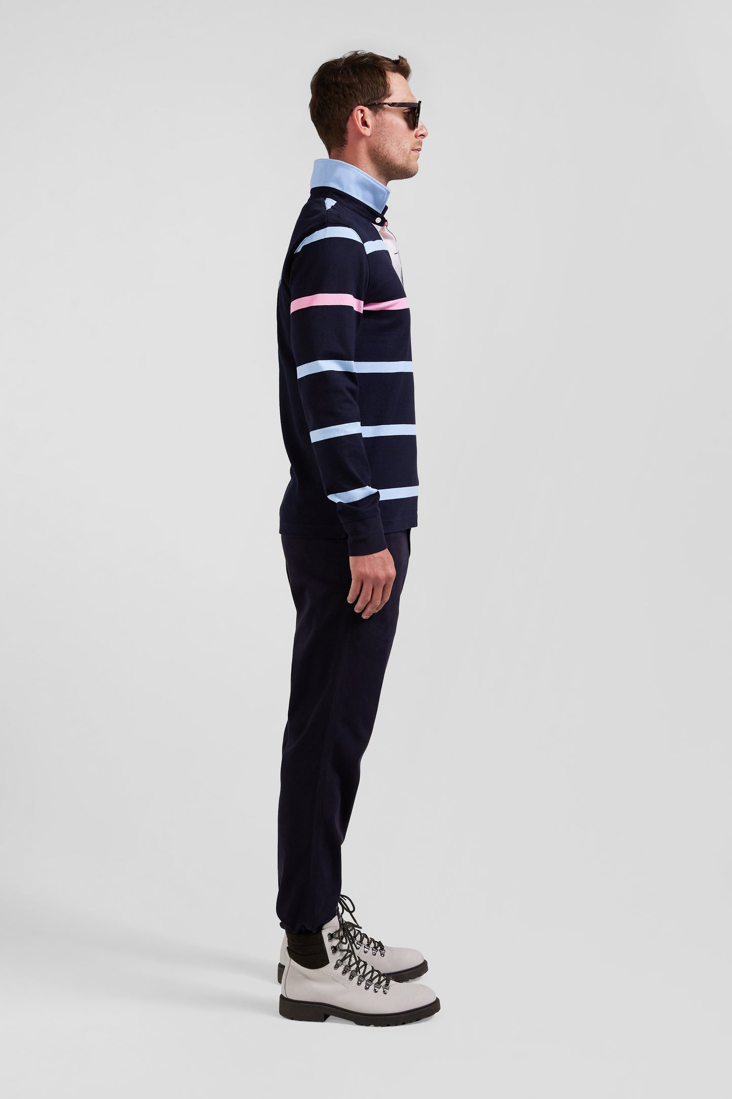 Regular navy and sky blue striped long-sleeved cotton rugby shirt with back embroidery