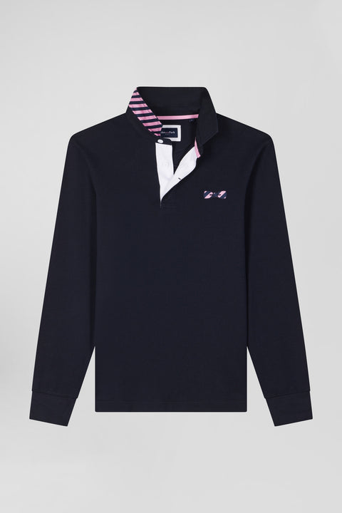 Regular navy blue striped long-sleeved cotton rugby shirt with tie fabric patchwork - Image 2