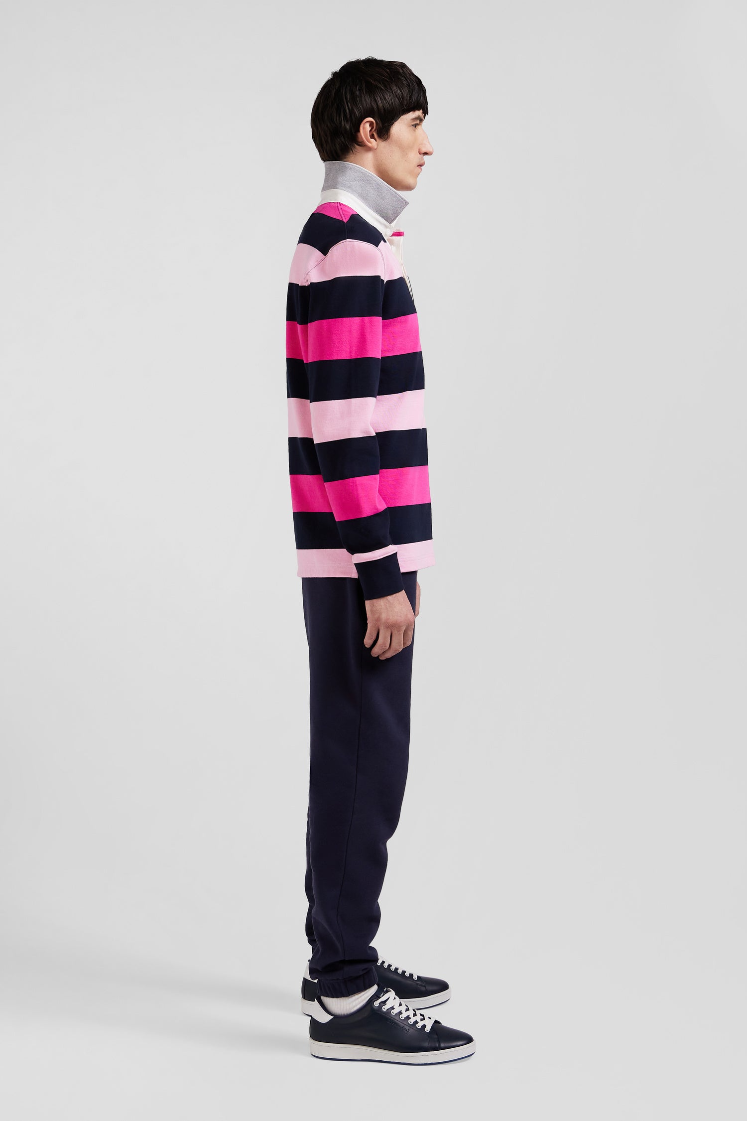 Regular pink striped long-sleeved cotton rugby shirt