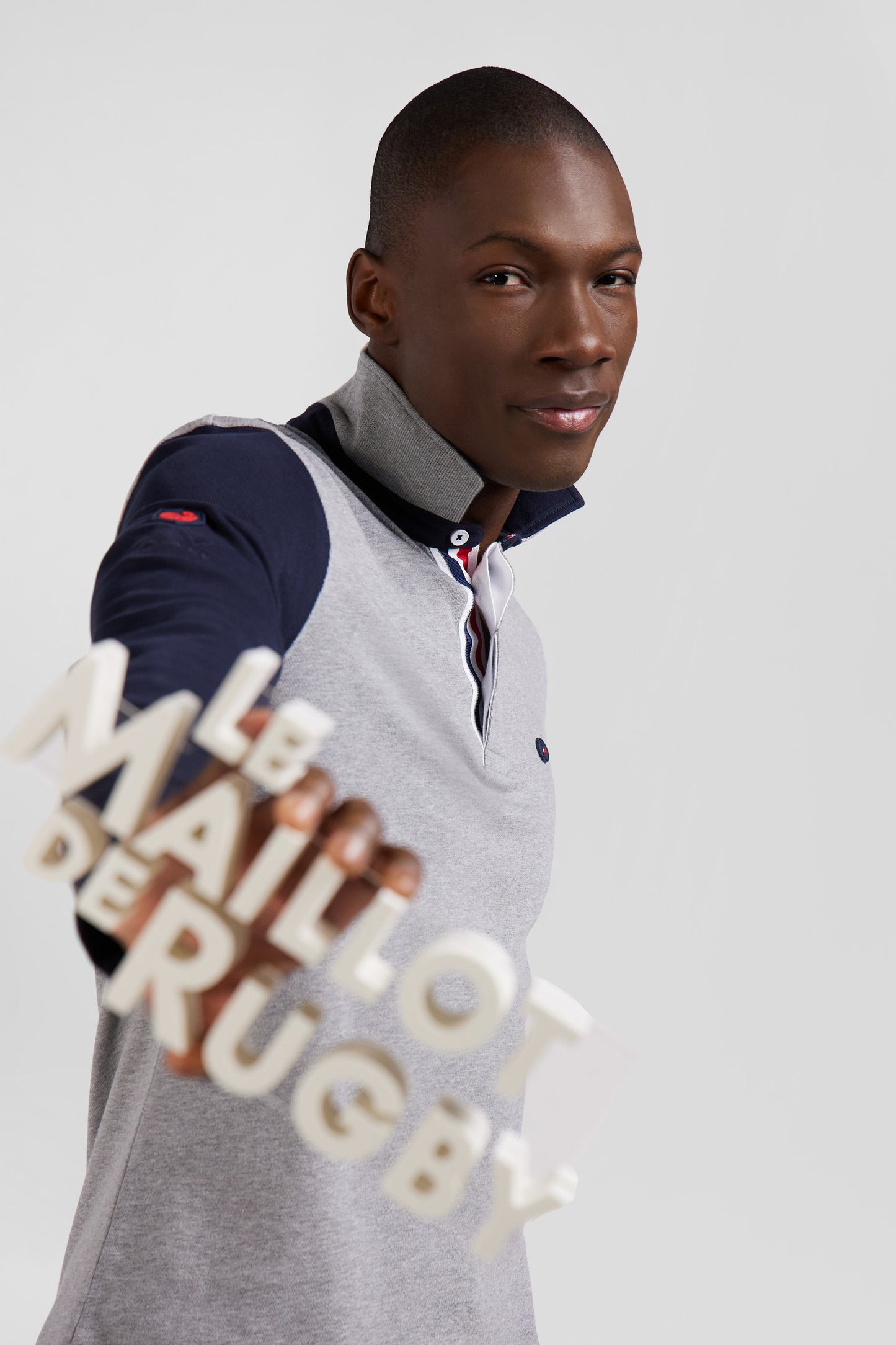 Regular grey long-sleeved cotton rugby shirt