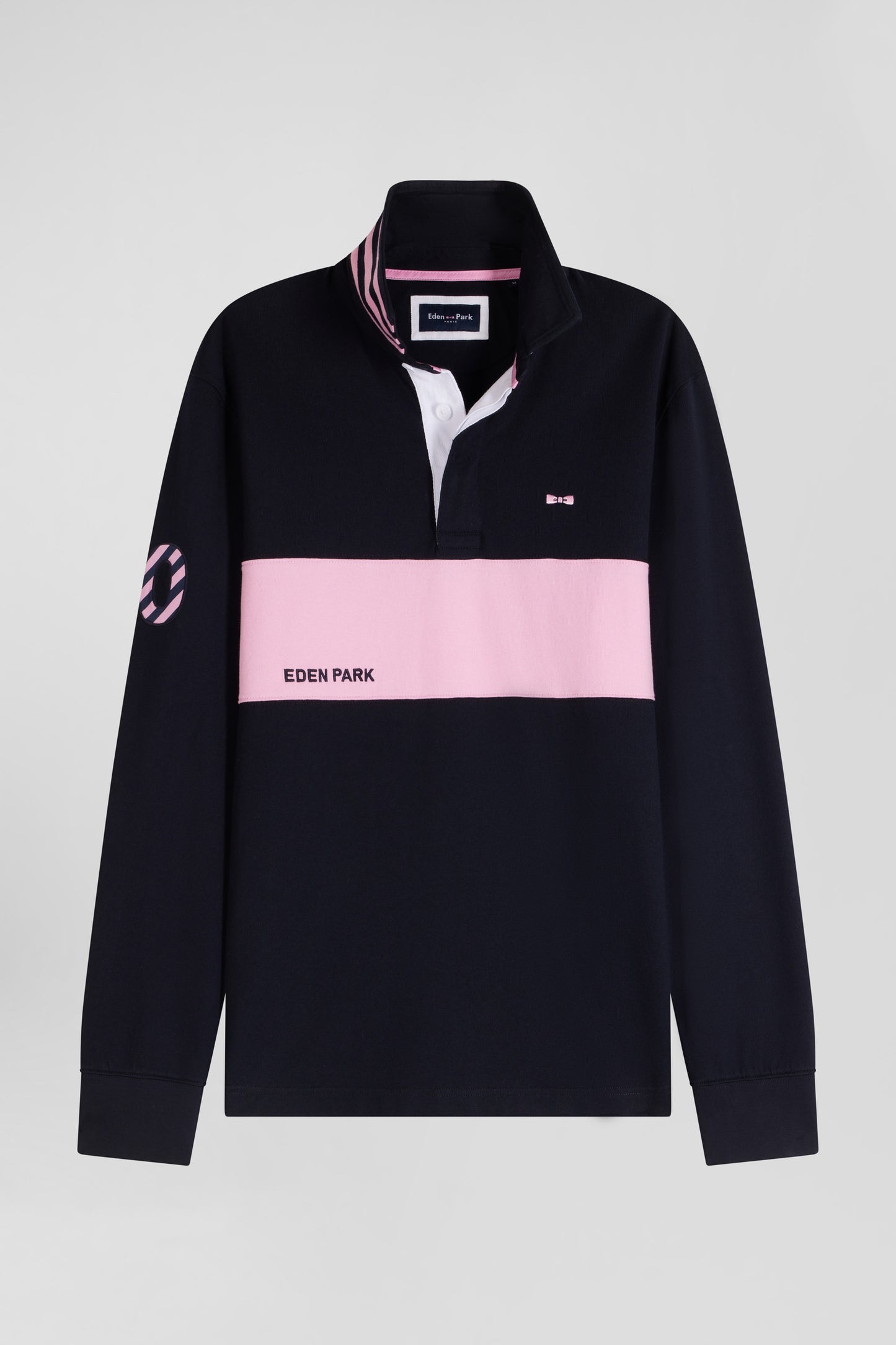 Regular long-sleeved cotton rugby shirt with navy and pink stripes