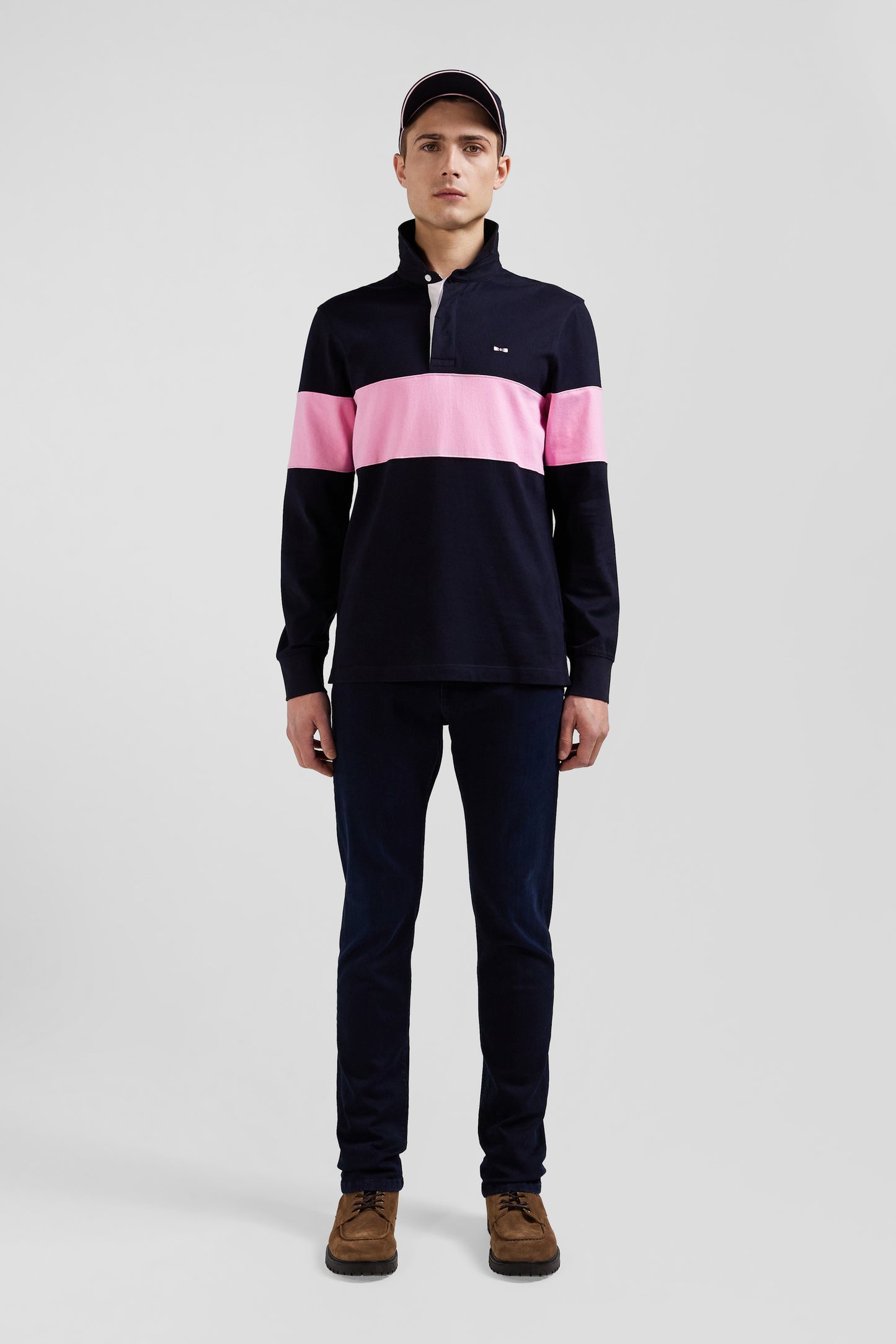 Regular navy blue long-sleeved cotton rugby shirt with N°10 embroidery