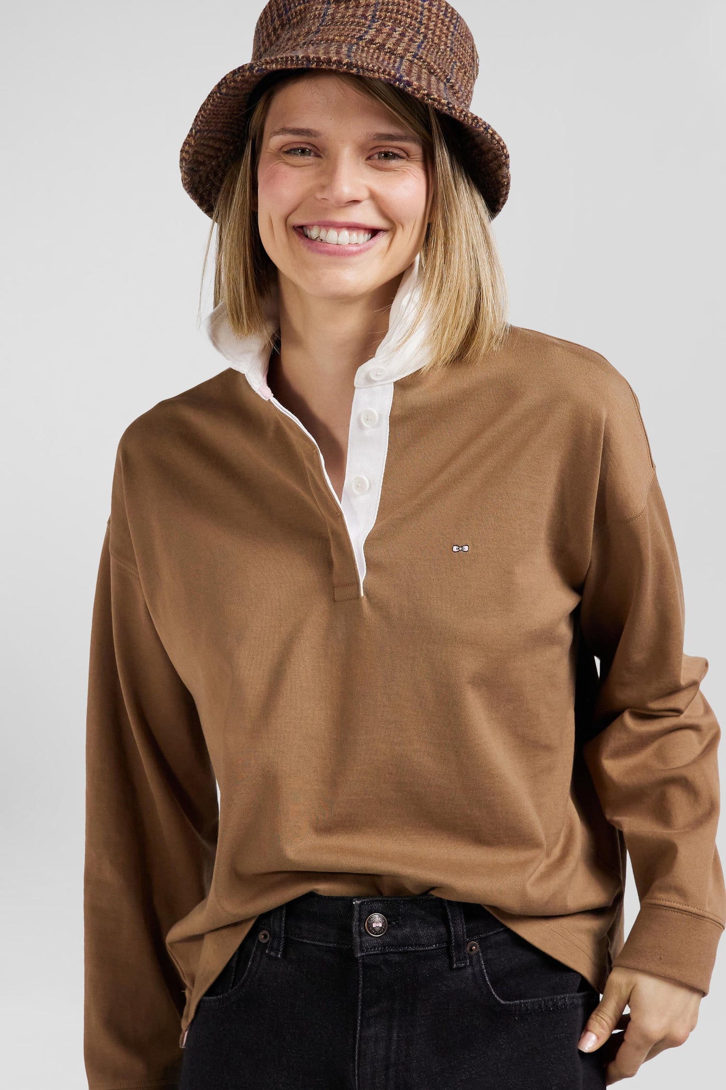 Maillot manches longues en coton camel coupe Relaxed