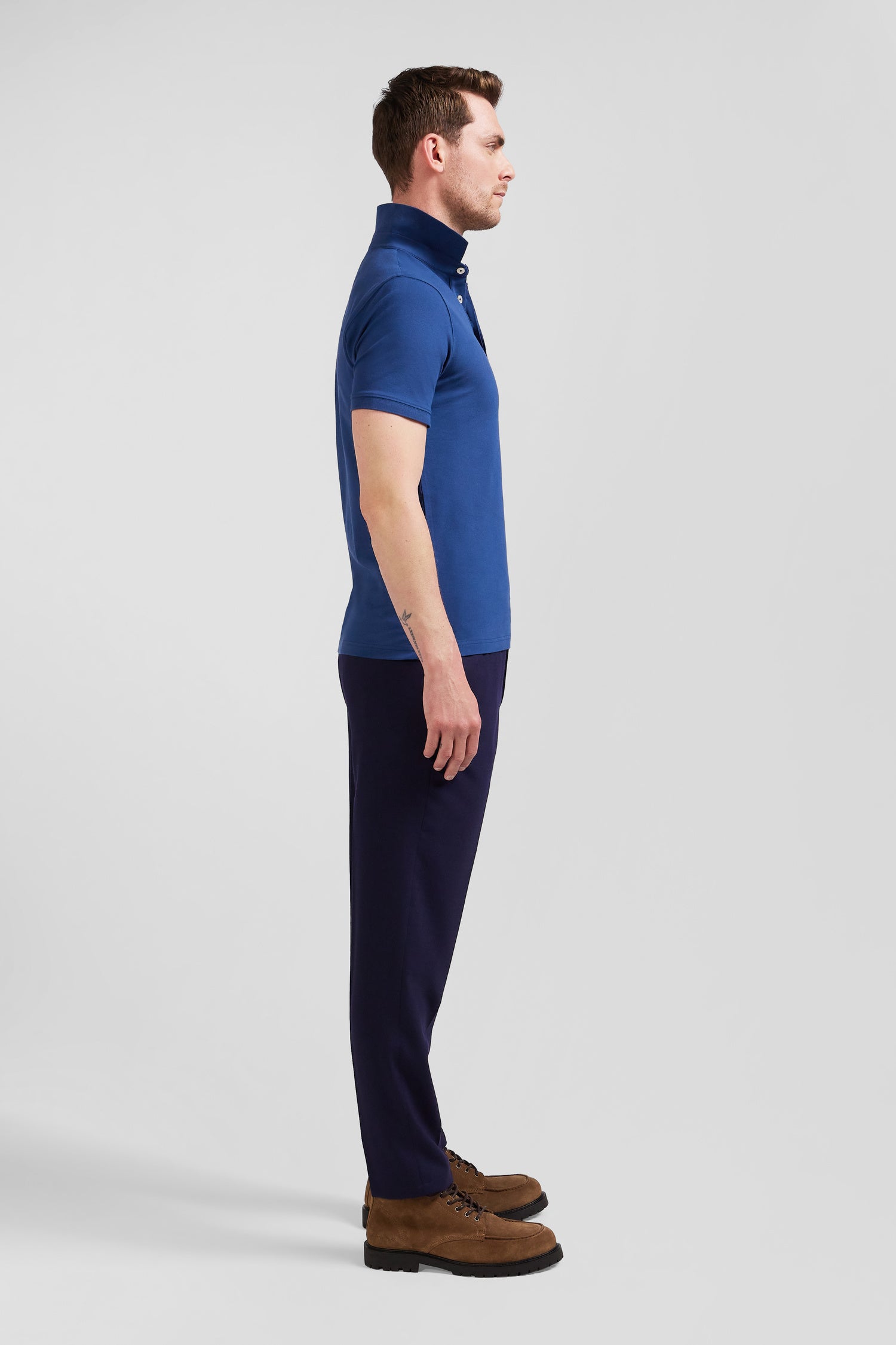 Slim dark blue short-sleeved stretch cotton polo shirt