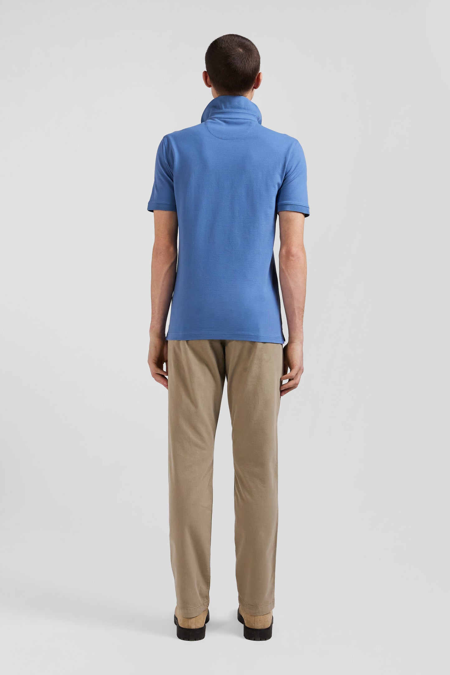 Slim blue short-sleeved stretch cotton polo shirt