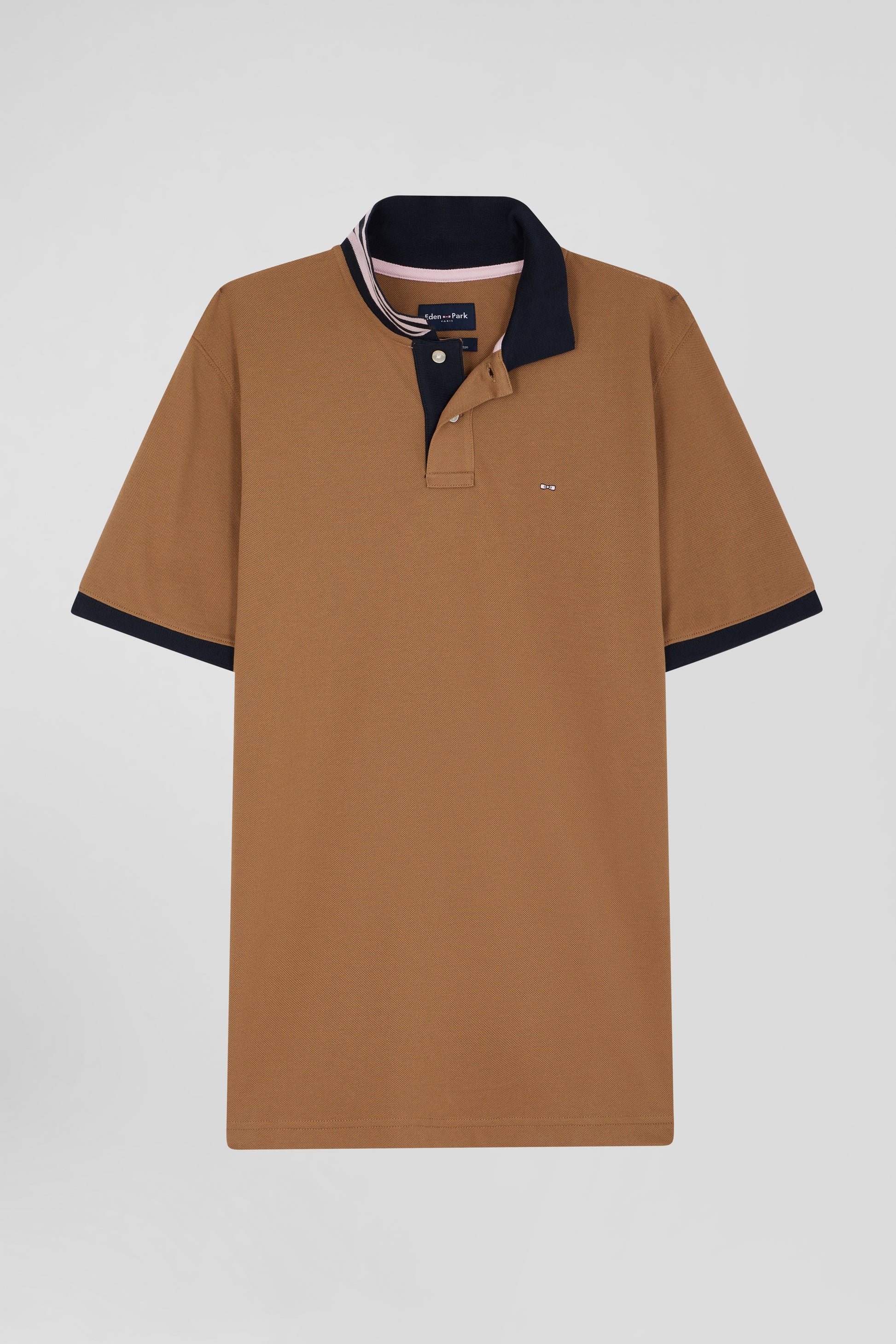 Regular camel short-sleeved cotton piqué polo shirt with contrasting details