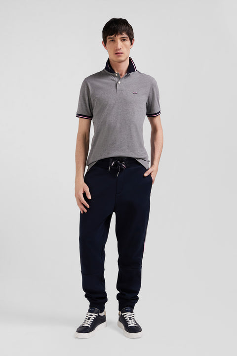 Slim grey short-sleeved stretch cotton polo shirt with Eden Park jacquard collar - Image 1