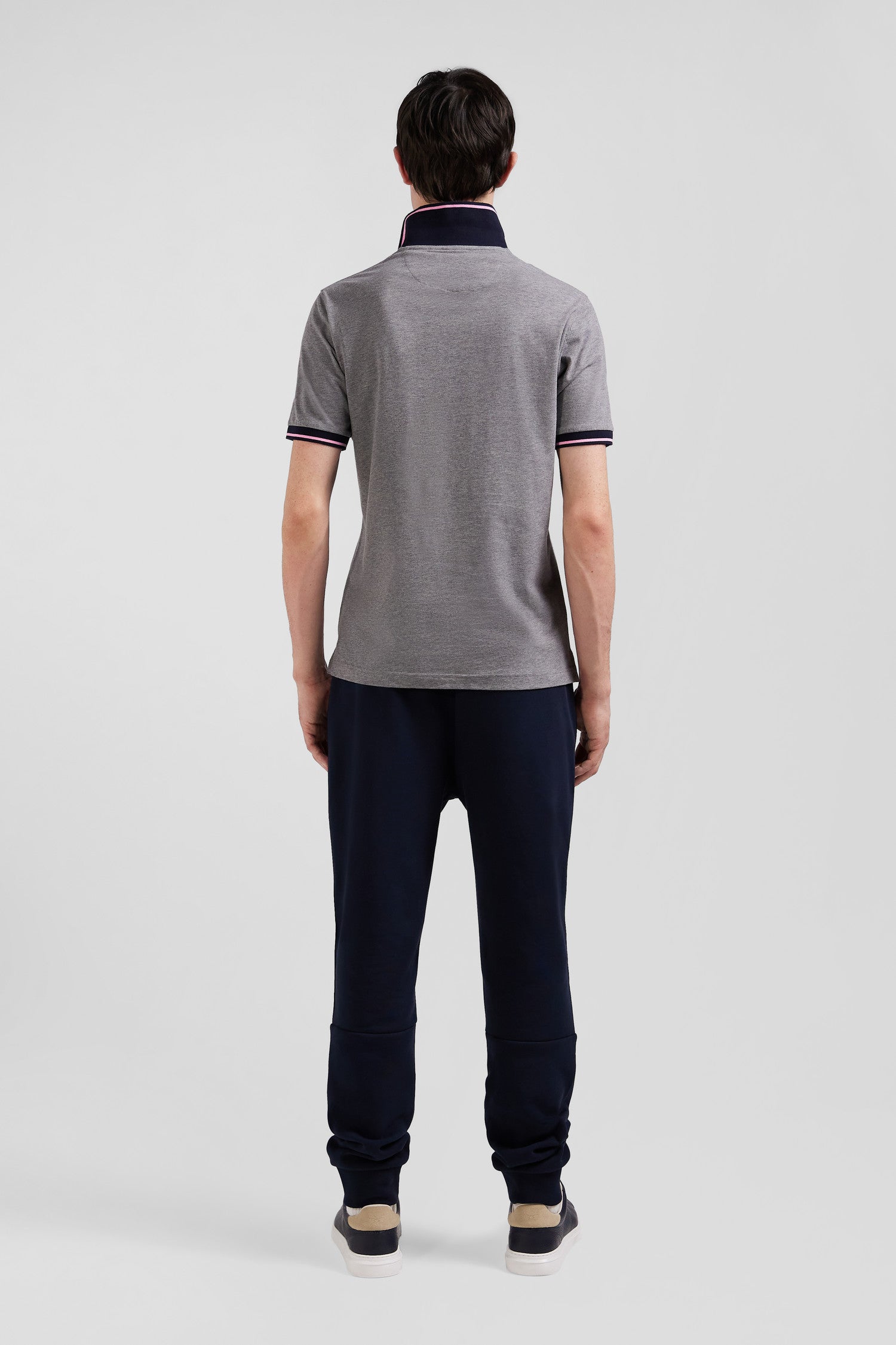 Slim grey short-sleeved stretch cotton polo shirt with Eden Park jacquard collar