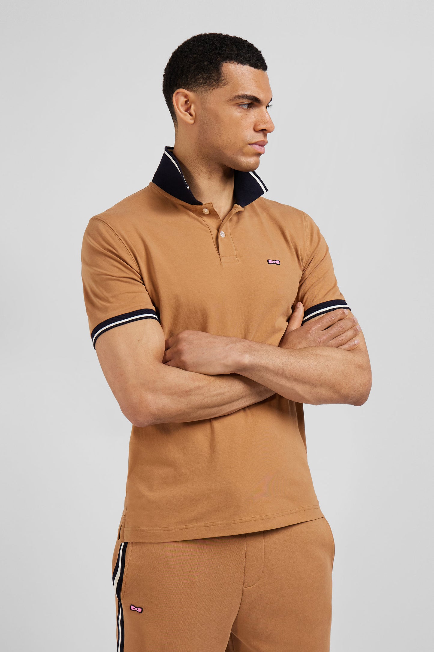 Polo manches courtes en coton stretch camel col jacquard Eden Park coupe Slim