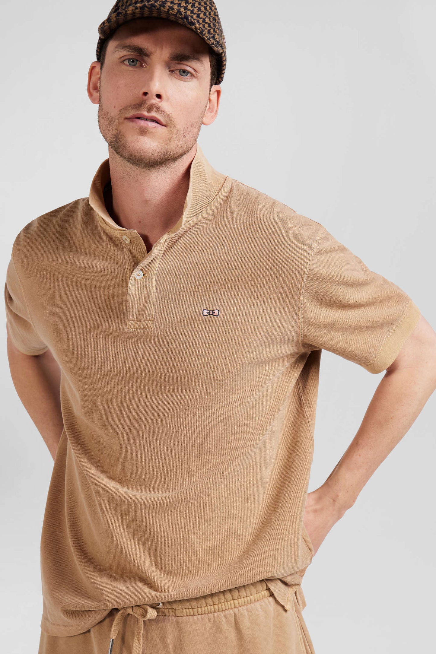 Unisex short-sleeve polo shirt in overdyed hazelnut cotton pique Oversized cut