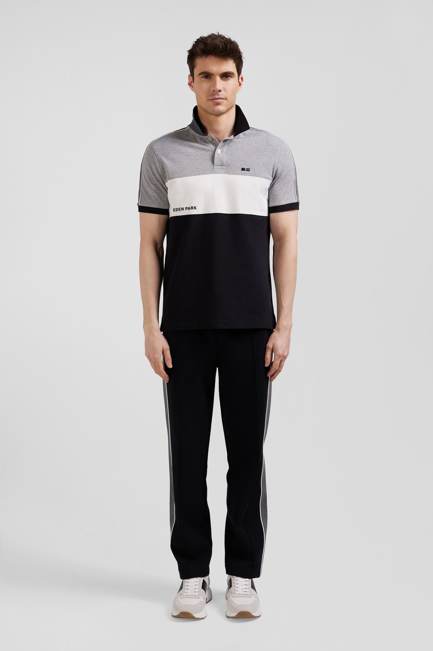 Regular black tricolor short-sleeved cotton piqué polo shirt with Eden Park lettering