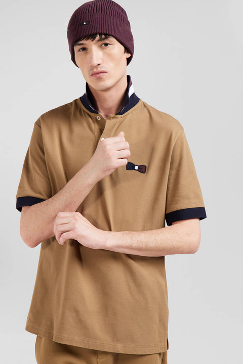 Short-sleeved polo shirt in hazelnut cotton piqué with tricolored details Oversized cut - Image 3