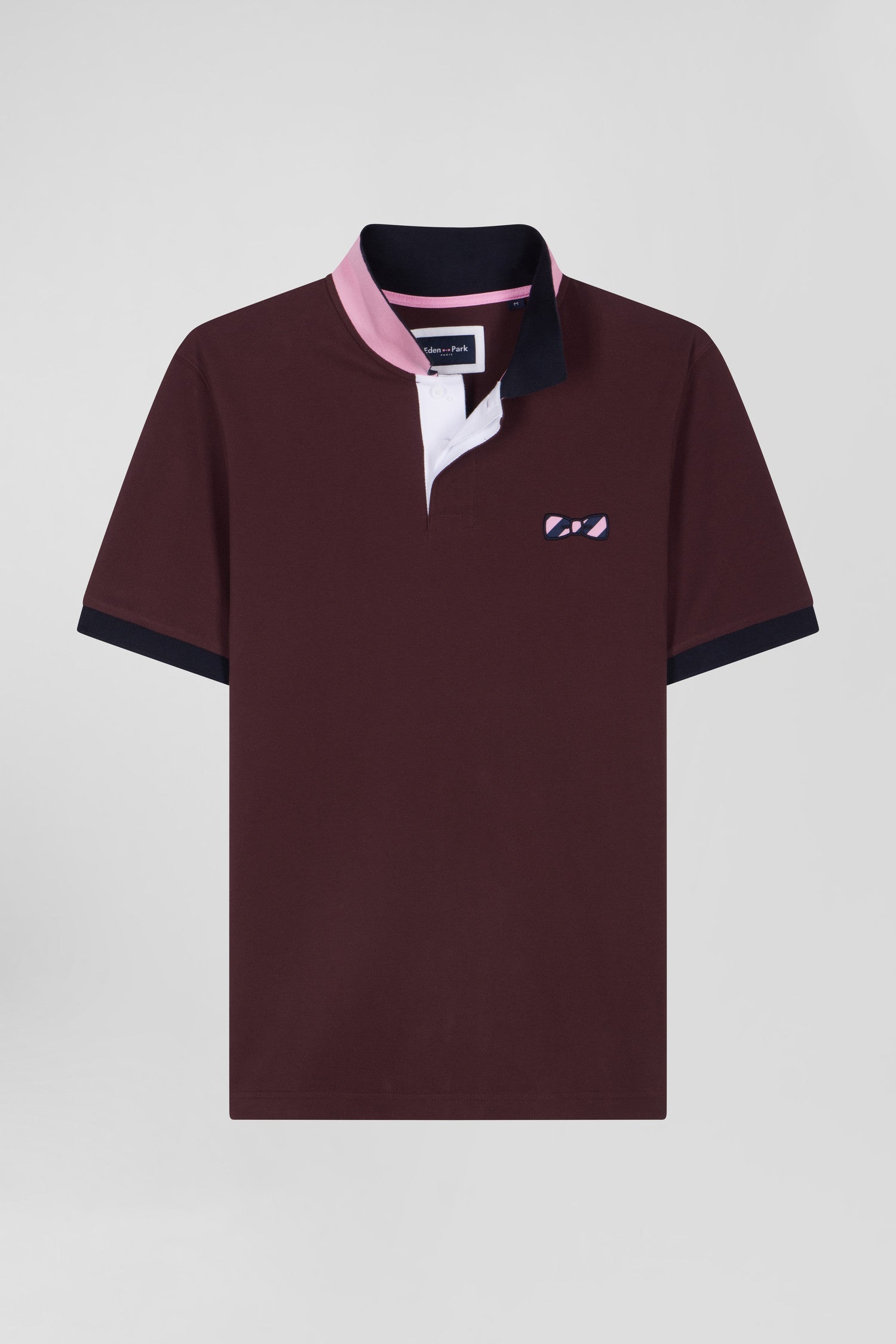 Regular burgundy short-sleeved cotton piqué polo shirt with striped embroidery