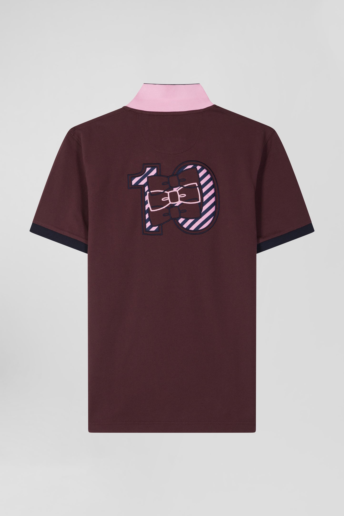 Regular burgundy short-sleeved cotton piqué polo shirt with striped embroidery