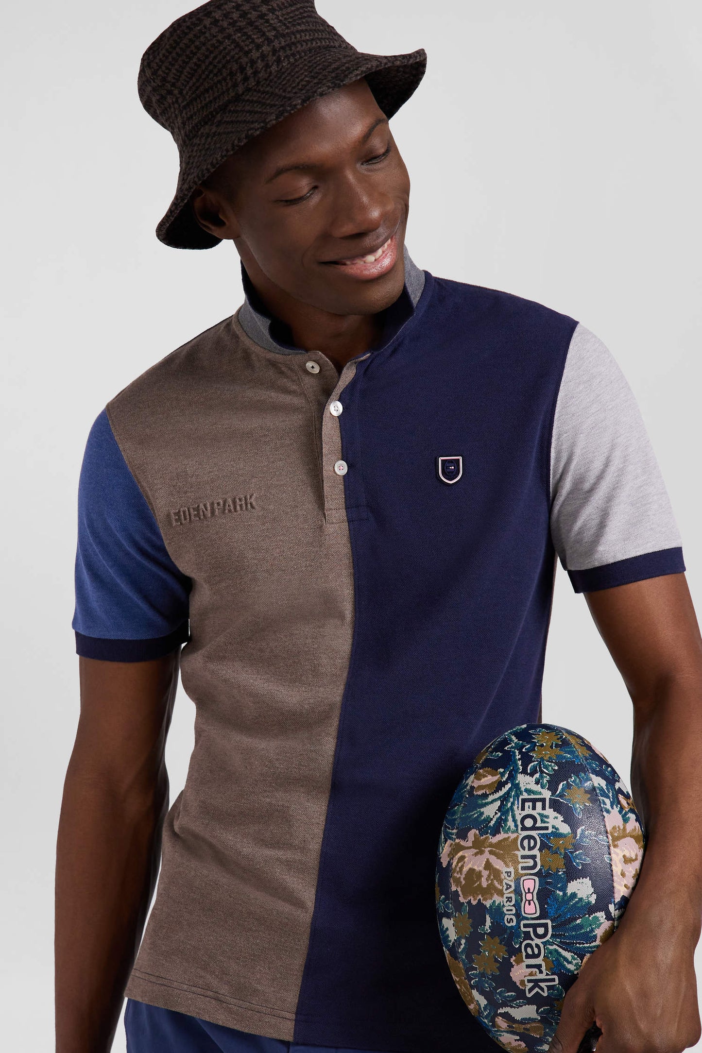 Regular navy blue colorblock short-sleeved cotton piqué polo shirt