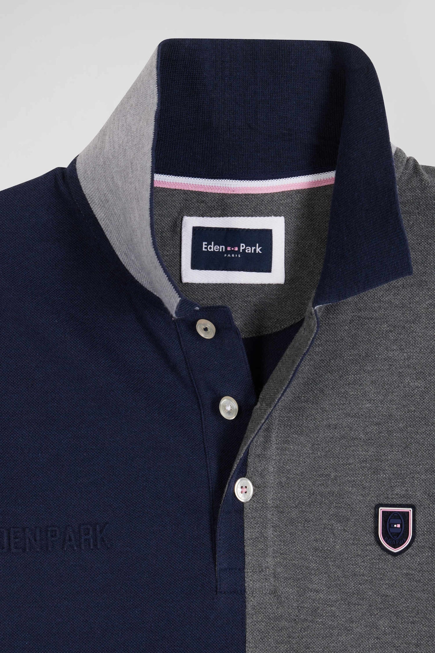 Regular grey colorblock short-sleeved cotton piqué polo shirt