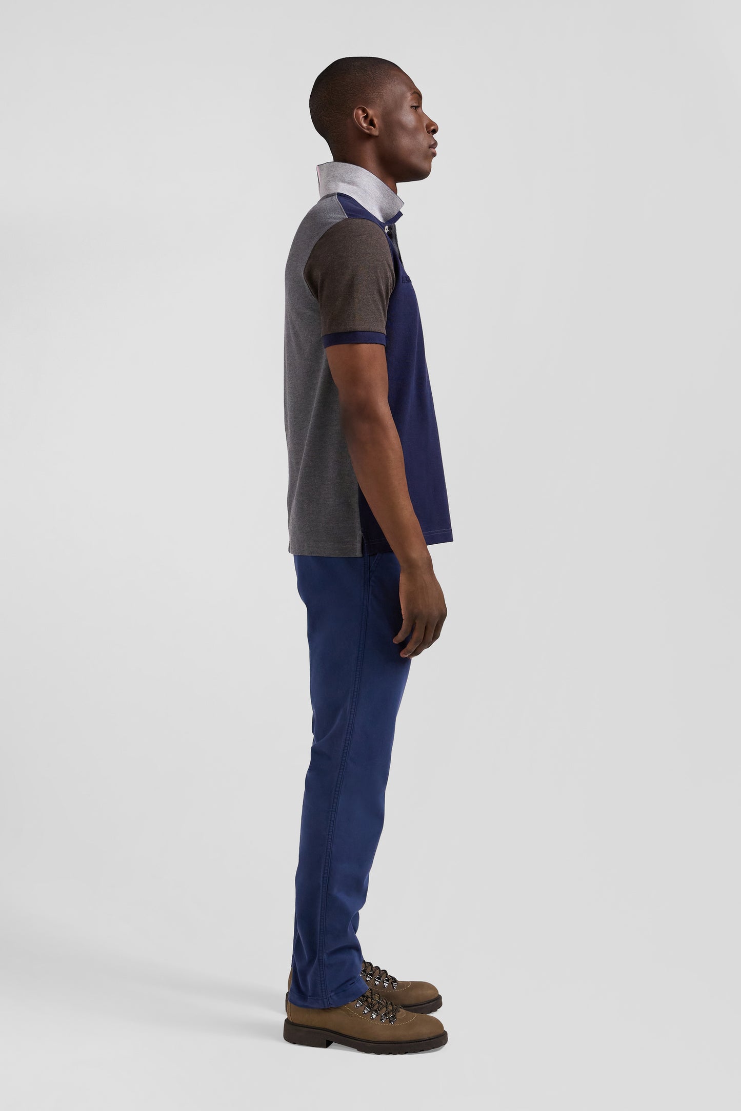 Regular grey colorblock short-sleeved cotton piqué polo shirt