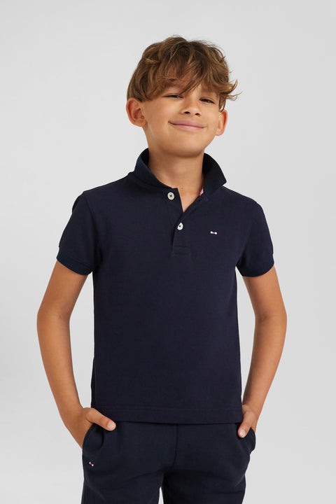 Regular navy blue short-sleeved cotton piqué polo shirt with back bow tie embroidery - Image 3