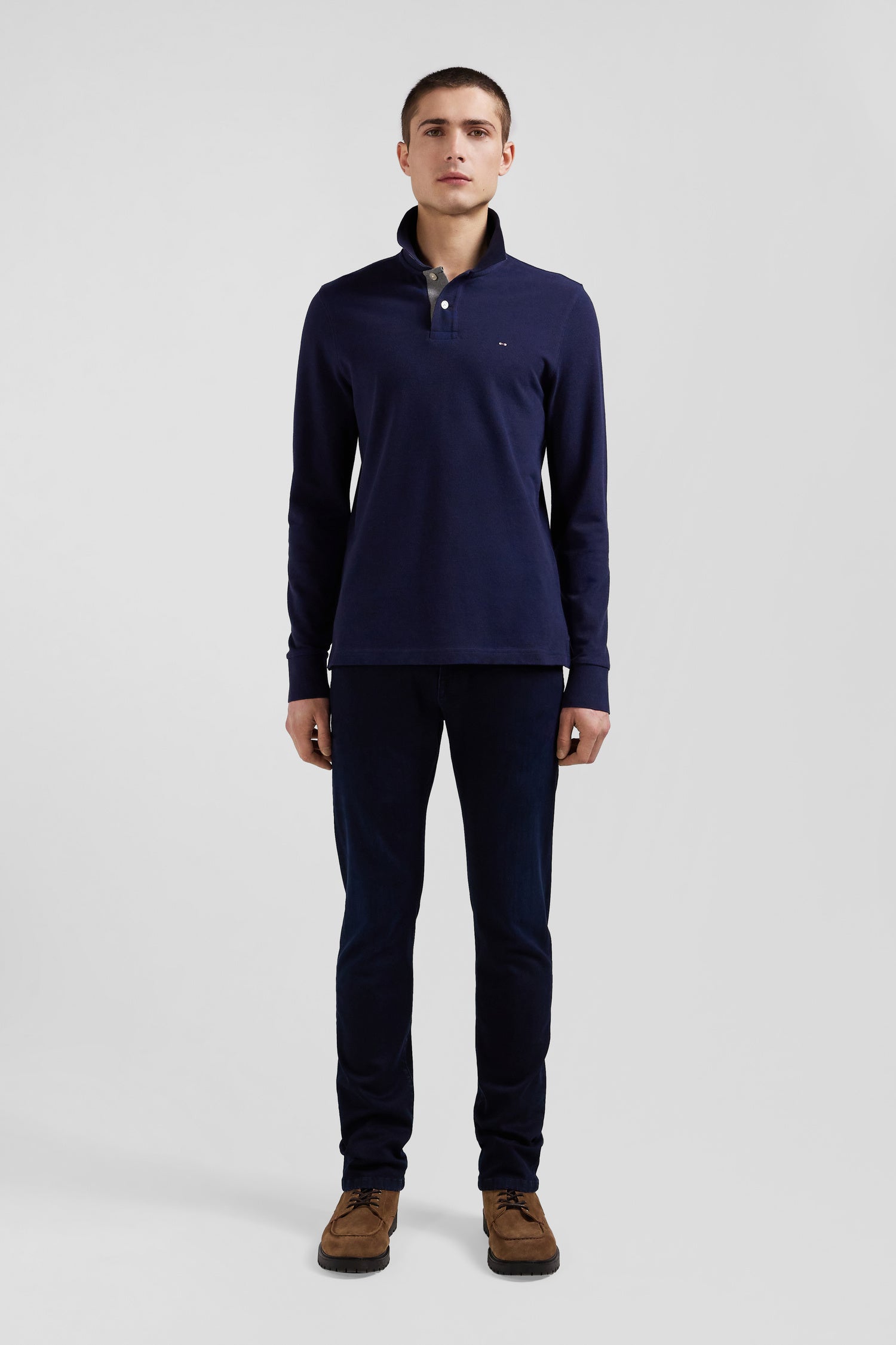 Long-sleeved navy blue cotton piqué polo shirt