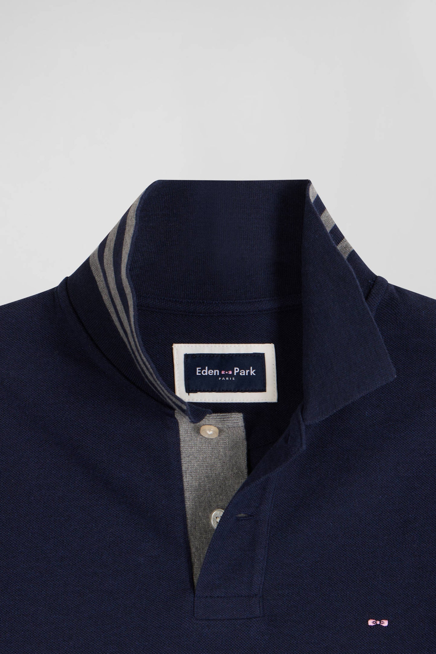 Long-sleeved navy blue cotton piqué polo shirt