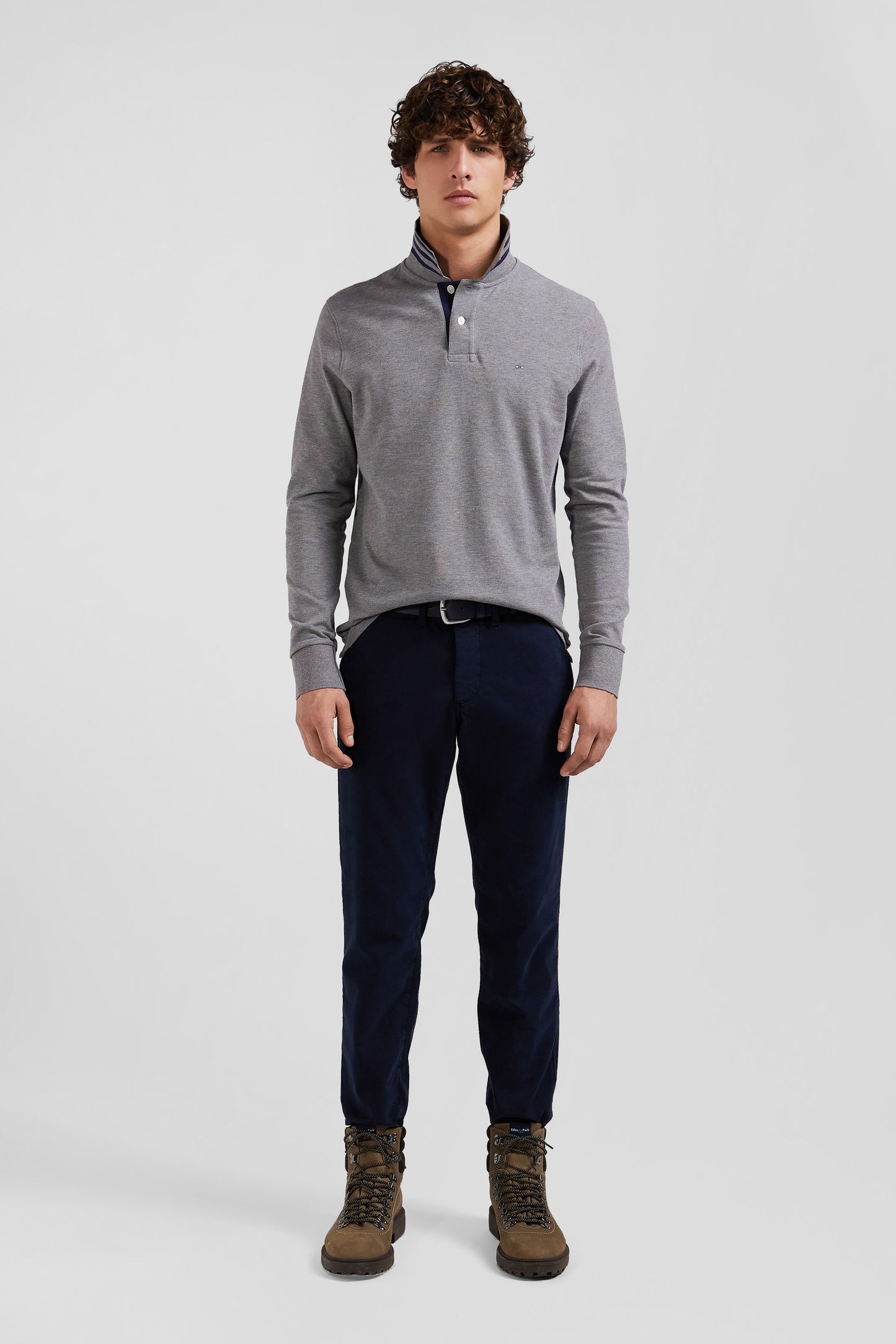 Long-sleeved grey cotton piqué polo shirt