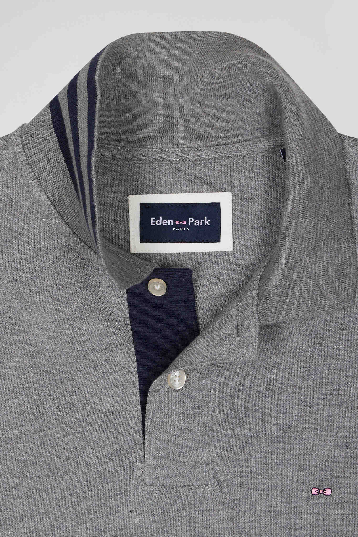 Long-sleeved grey cotton piqué polo shirt