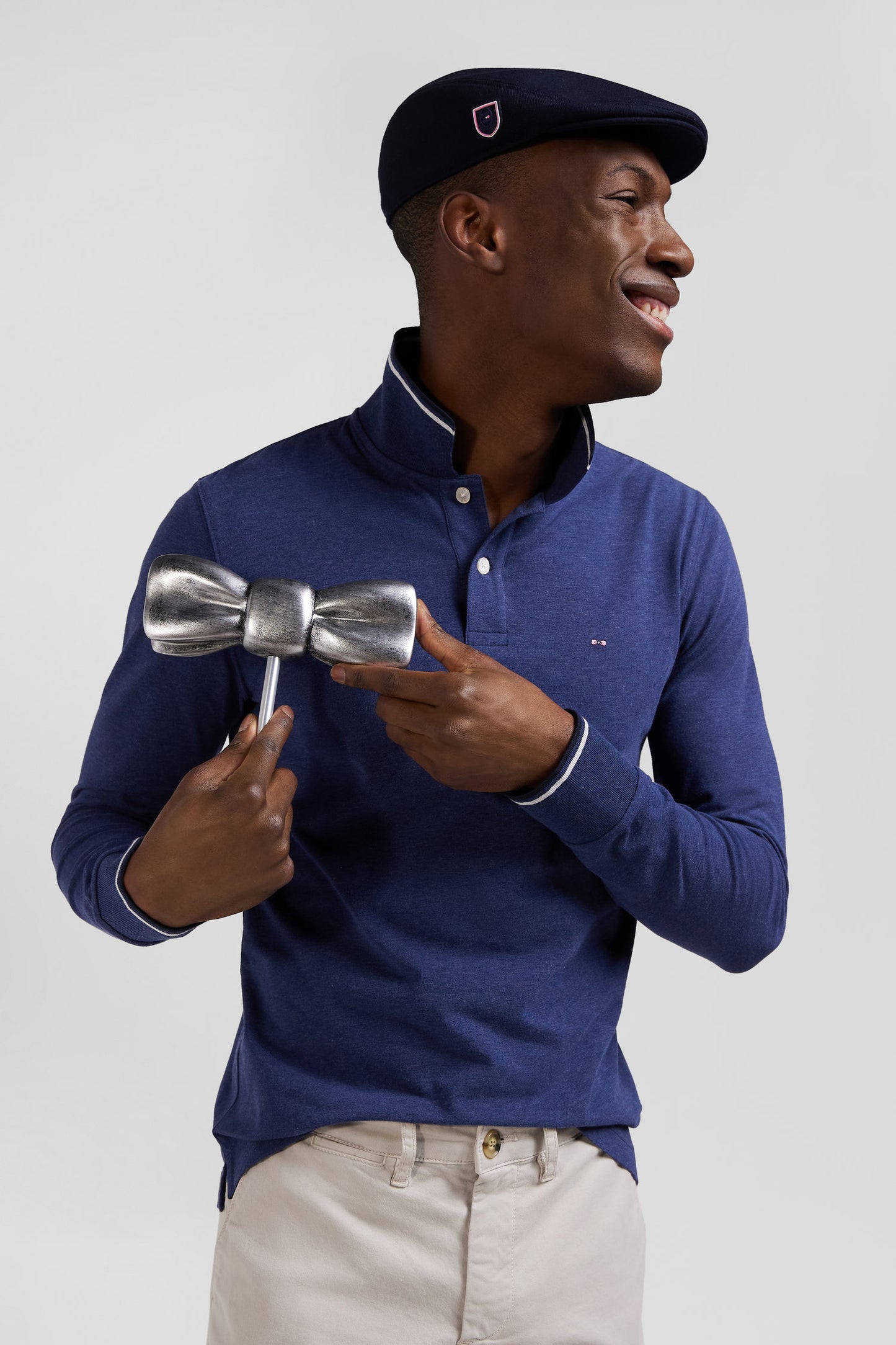 Polo manches longues bleu foncé en coton stretch finitions rayées