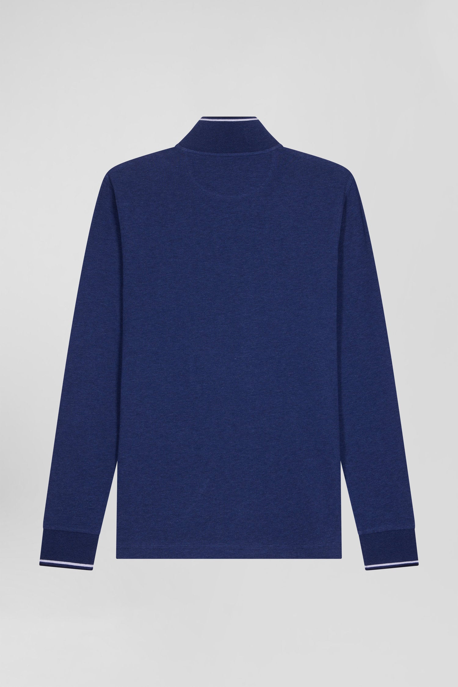 Polo manches longues bleu foncé en coton stretch finitions rayées