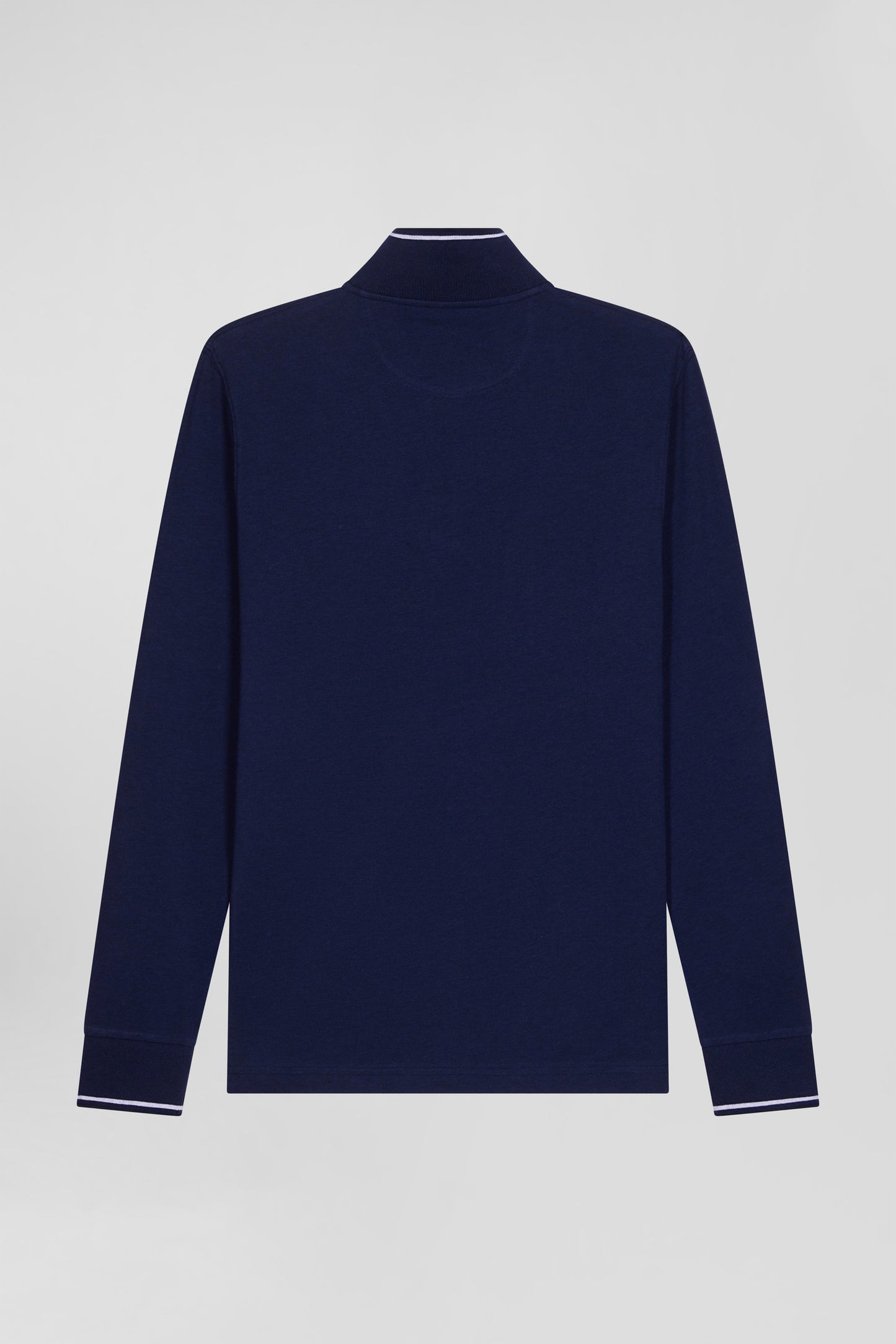Slim navy blue long-sleeved stretch cotton polo shirt with striped finishes