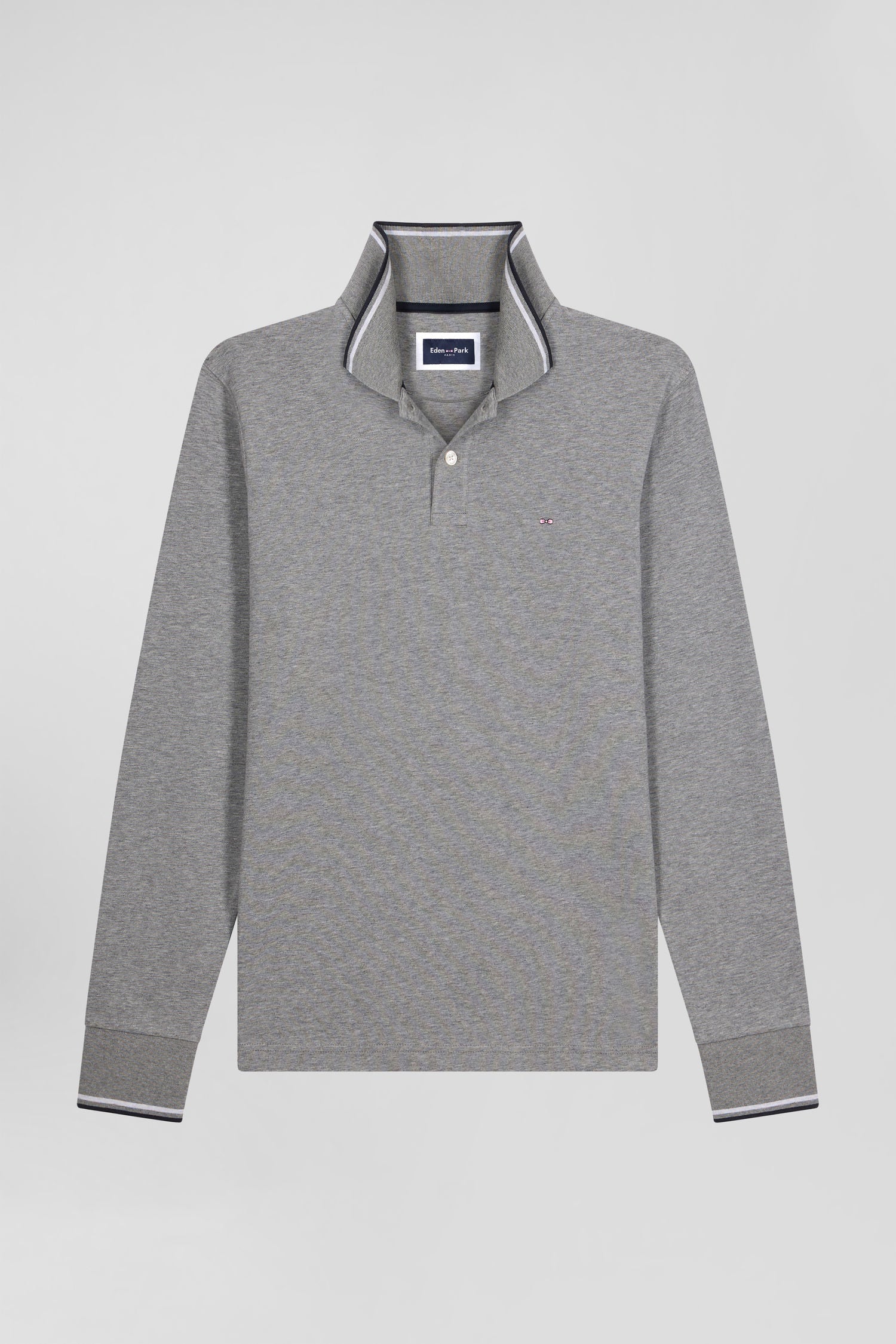 Slim grey long-sleeved stretch cotton polo shirt with striped finishes