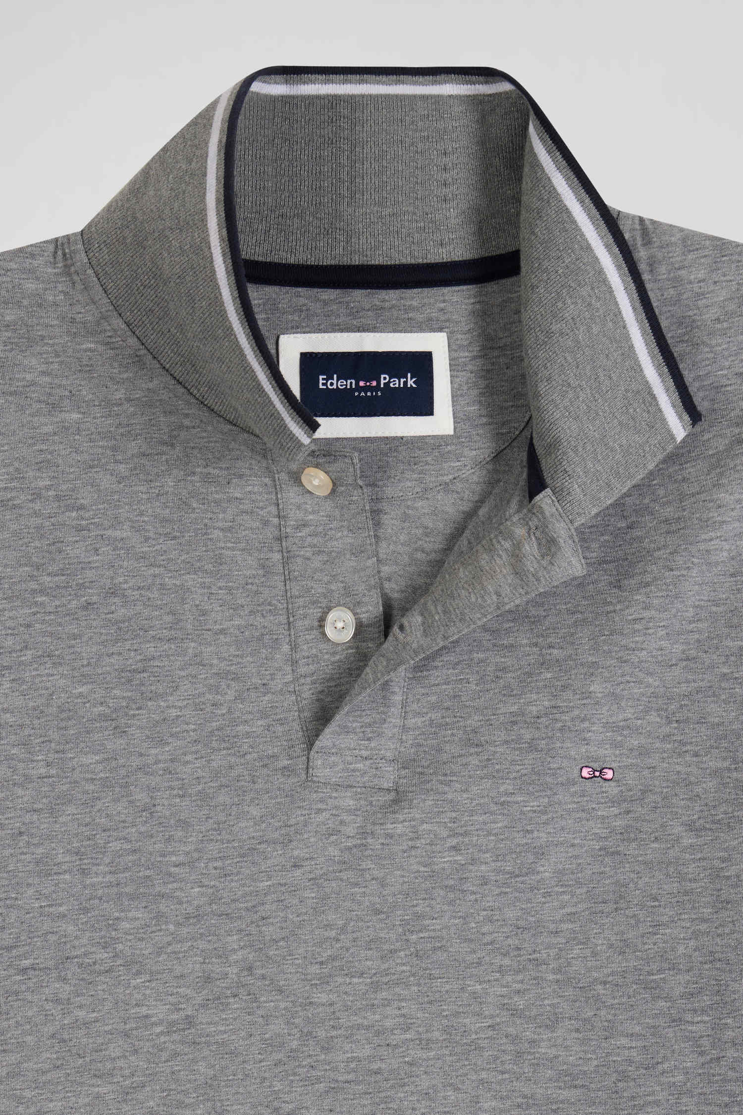 Slim grey long-sleeved stretch cotton polo shirt with striped finishes