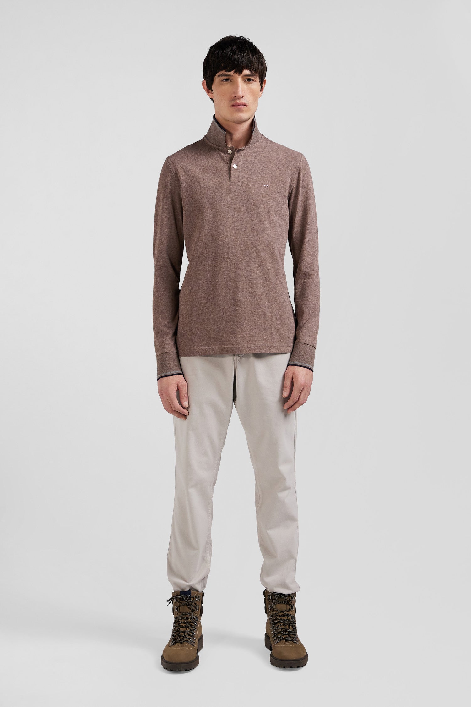 Slim brown long-sleeved stretch cotton polo shirt with striped finishes