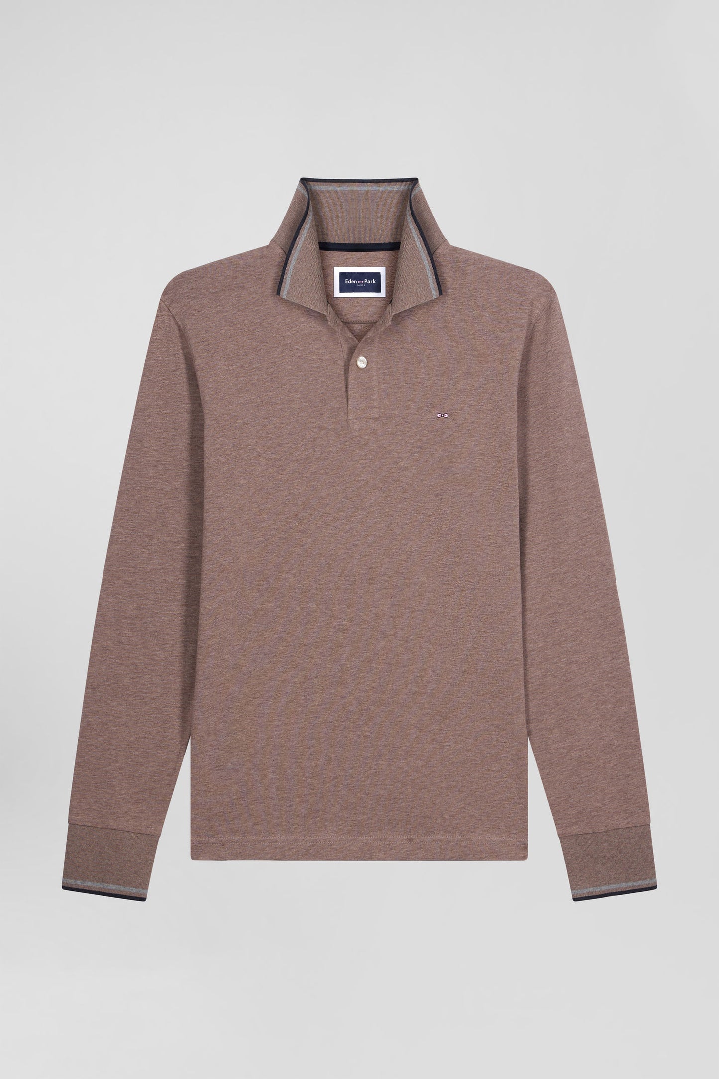 Slim brown long-sleeved stretch cotton polo shirt with striped finishes