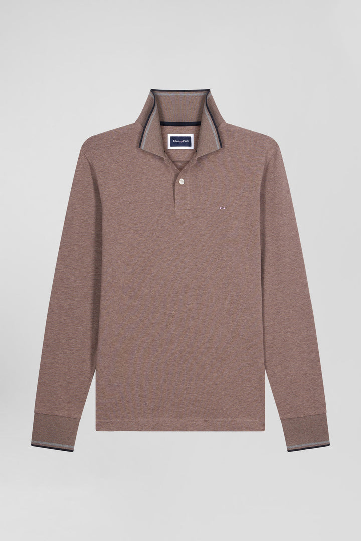 Polo manches longues marron en coton stretch finitions rayées