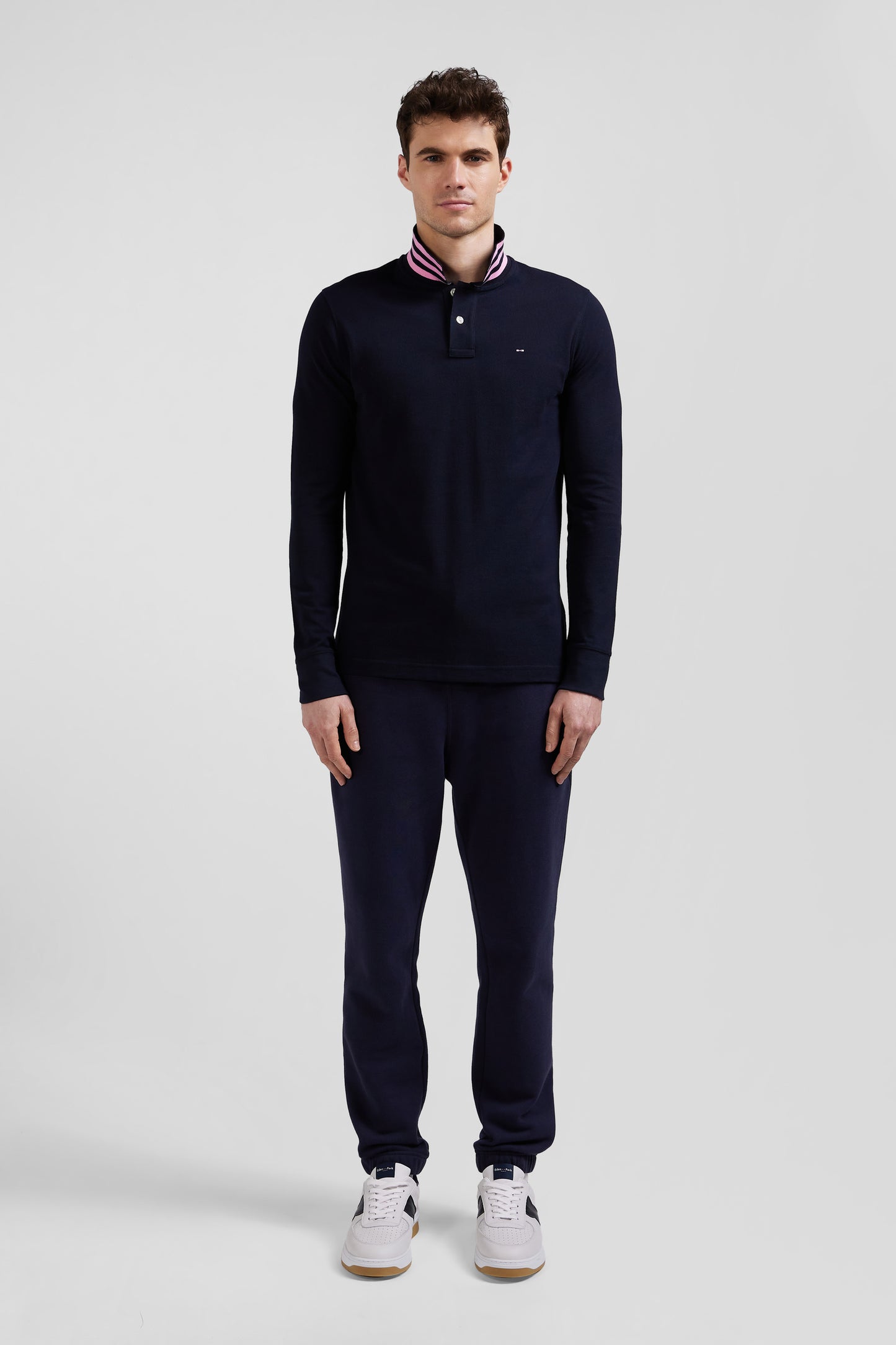 Regular navy long-sleeved cotton piqué polo shirt