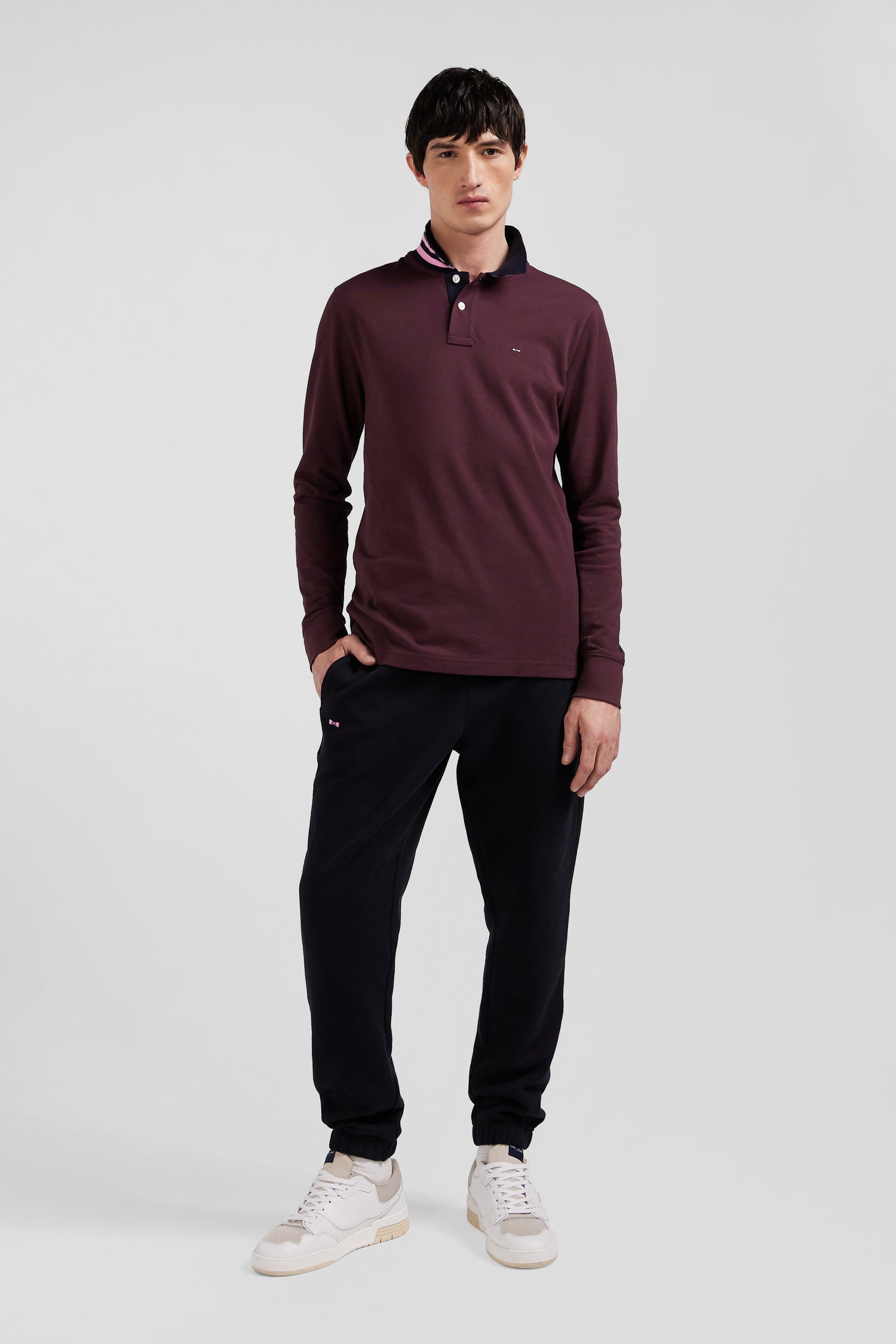 Regular burgundy long-sleeved cotton piqué polo shirt