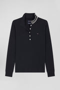 Polo manches longues en coton stretch col cerclé noir coupe Slim